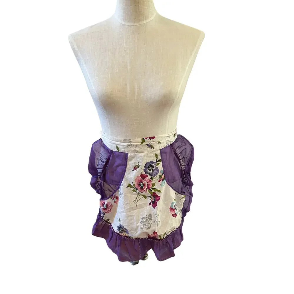 Vintage Pansy Print ruffle half apron ric rac trim